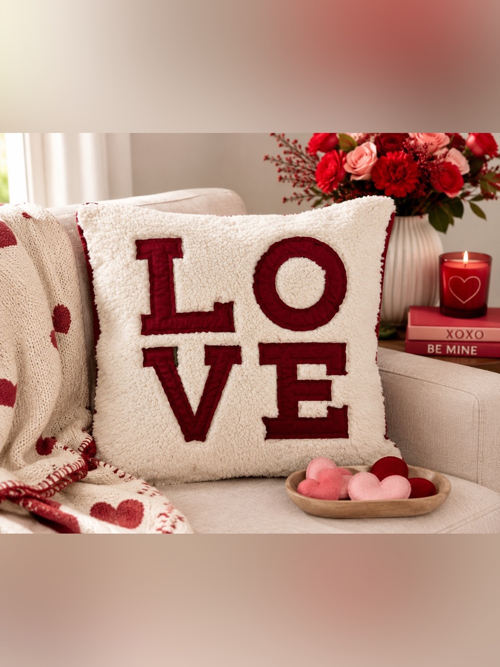 Pottery Barn LOVE Sherpa Pillow Cover 20x20 Red White Valentine’s NWT‎